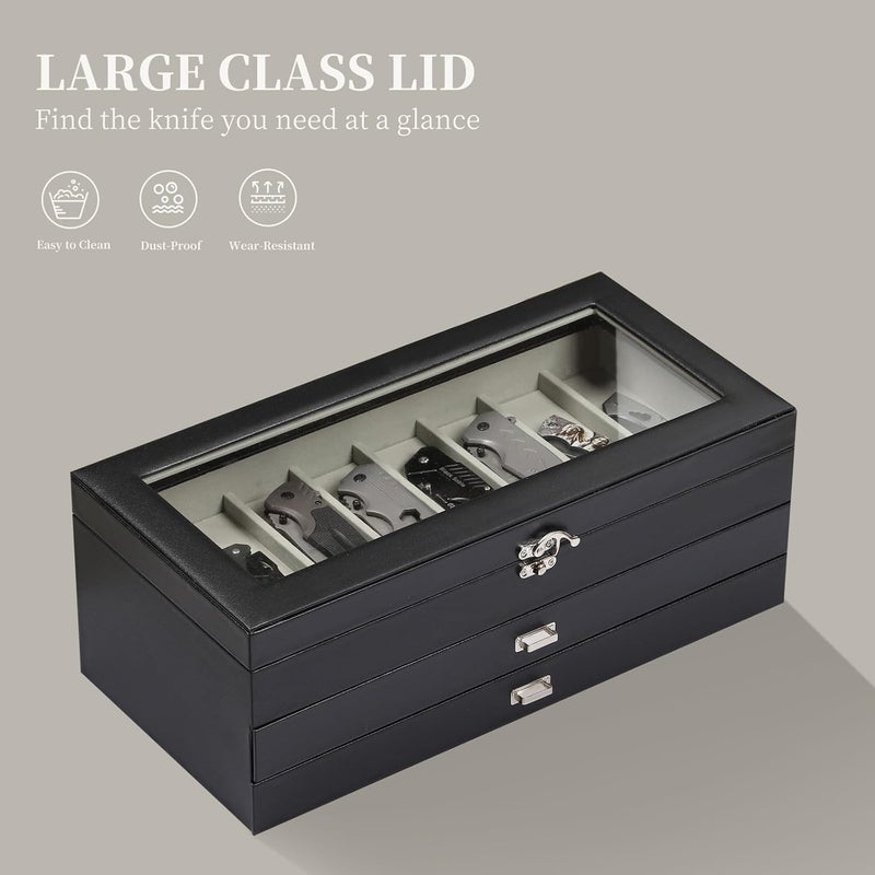 AUTOARK 3-Tier PU Leather & Velvet Knife Organizer with 26 Slots,Transparent Glass Top & Drawer,Compact Storage for Pocket Knives,Ideal for Men's Collections & Gifts,Black,MKAW016 - Image 5